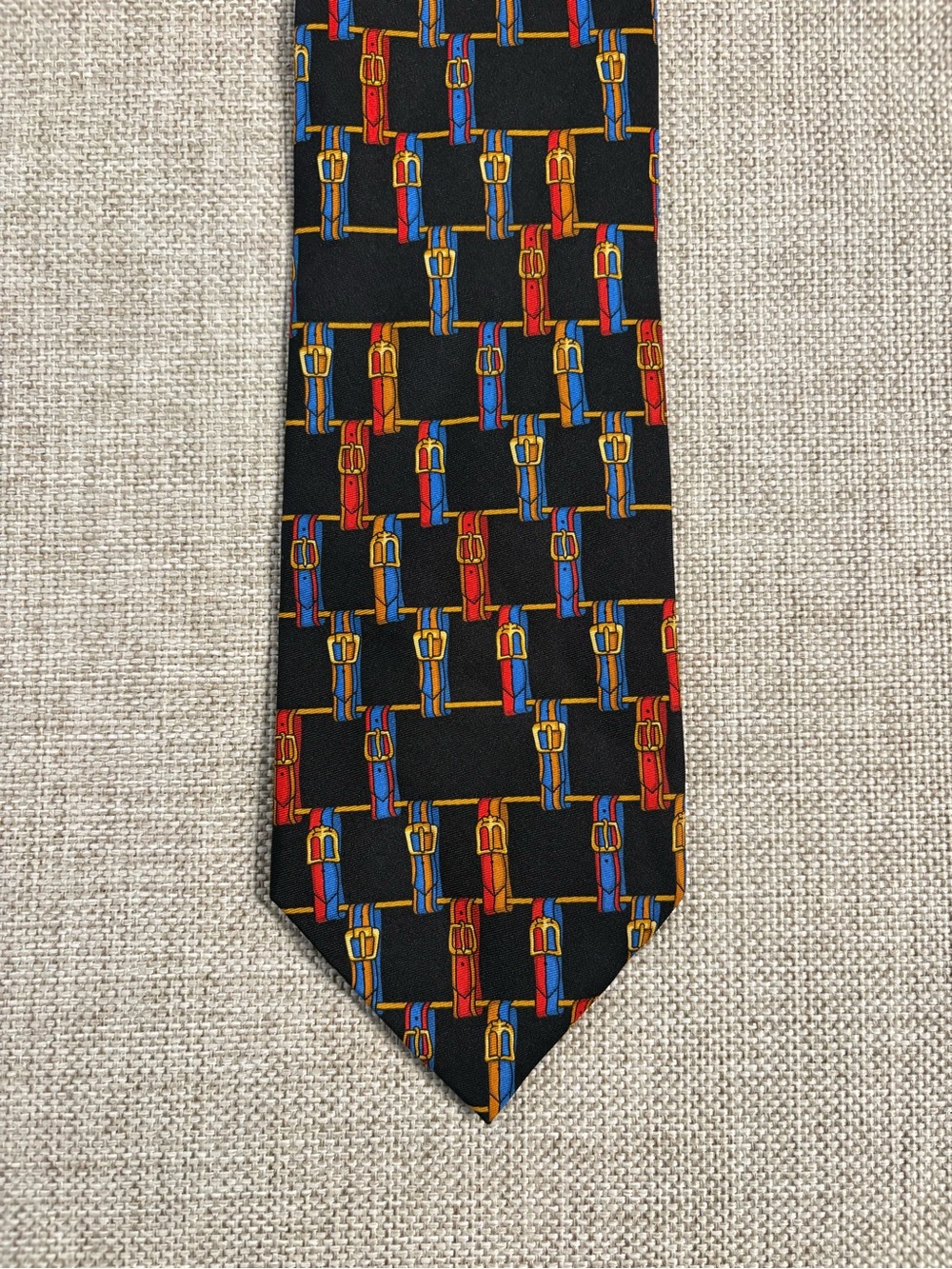 Vintage Richel Italian Silk Tie Belt Buckle Equestrian Print 3.5”
